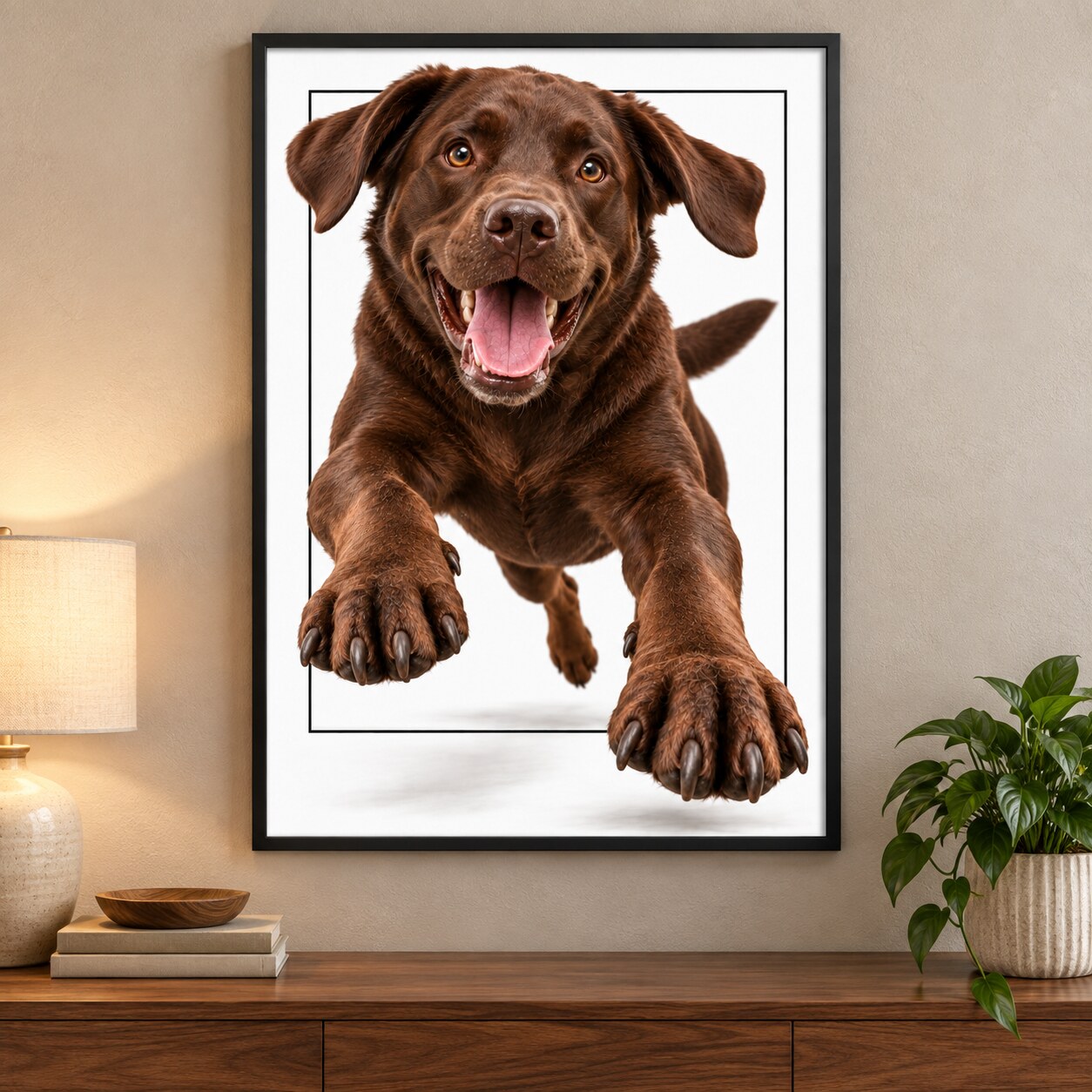 Framed Signature 3D portrait example of a playful chocolate Labrador leaping through the border