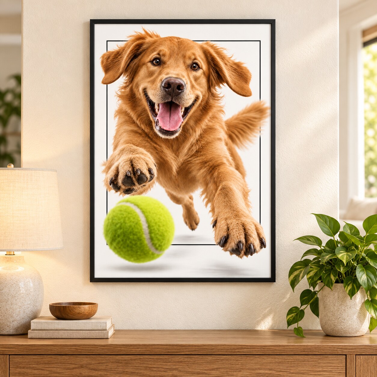 Framed Signature 3D portrait example of a golden retriever leaping after a tennis ball